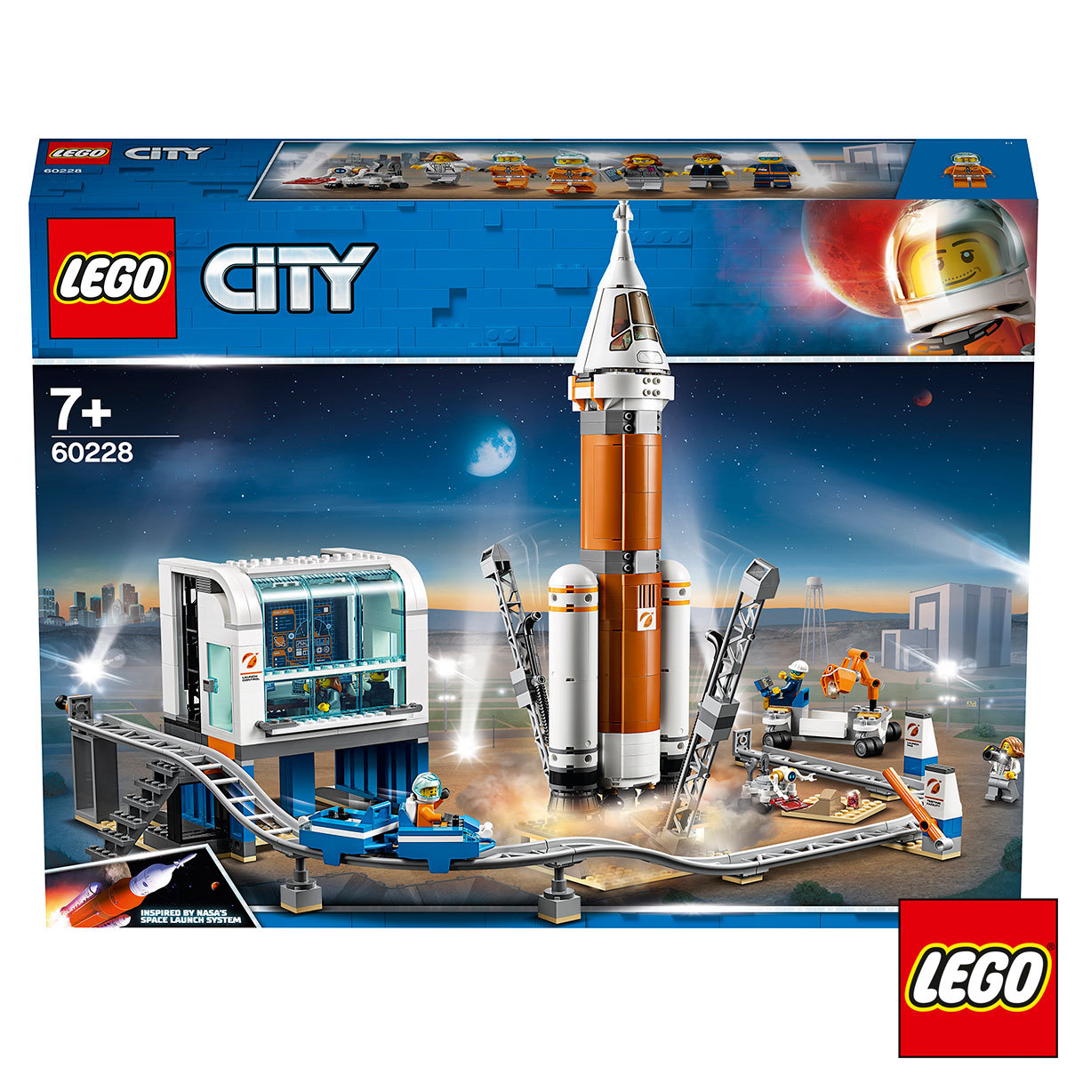 Boxed image front view of the LEGO deep space rocket and launch control