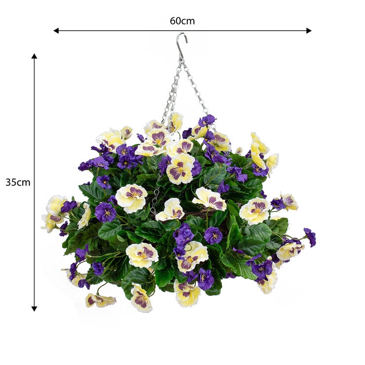 Artificial Purple & White Pansy Flower Hanging Basket