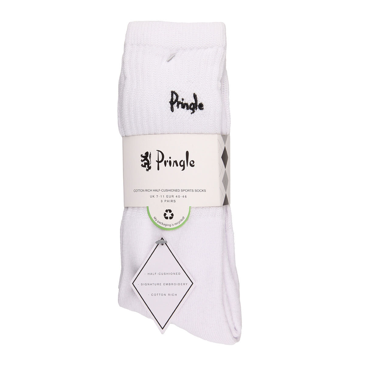 Pringle Men's 2 x 3 Pack Cushioned Sports Socks in White, Size 7-11