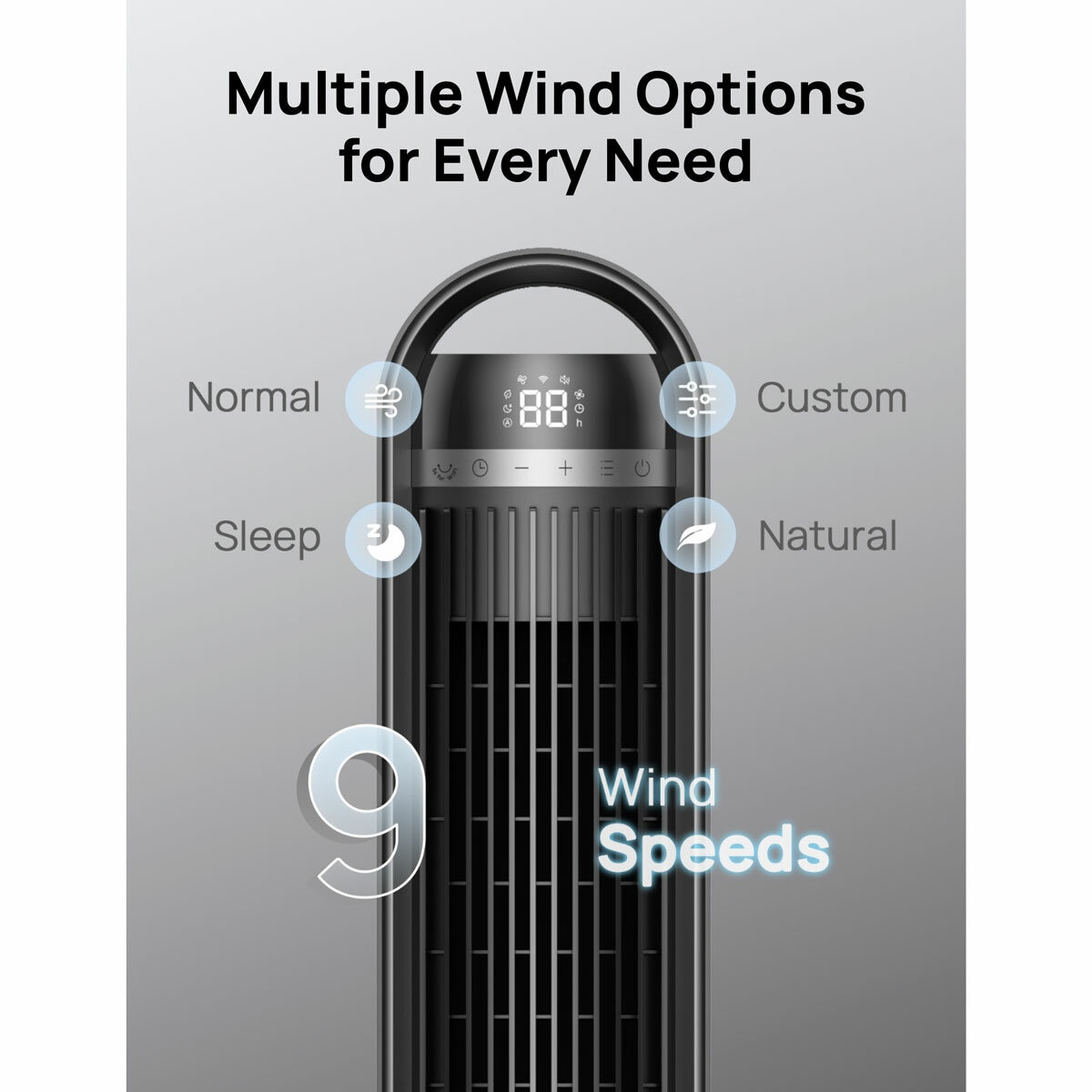 Lifestyle image of Dreo Cruiser Tower Fan with 9 wind speeds