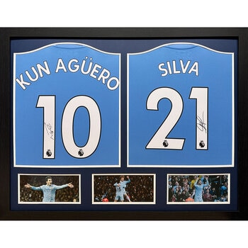 Sergio Aguero & David Silva Double Signed Framed Manchester City Shirts