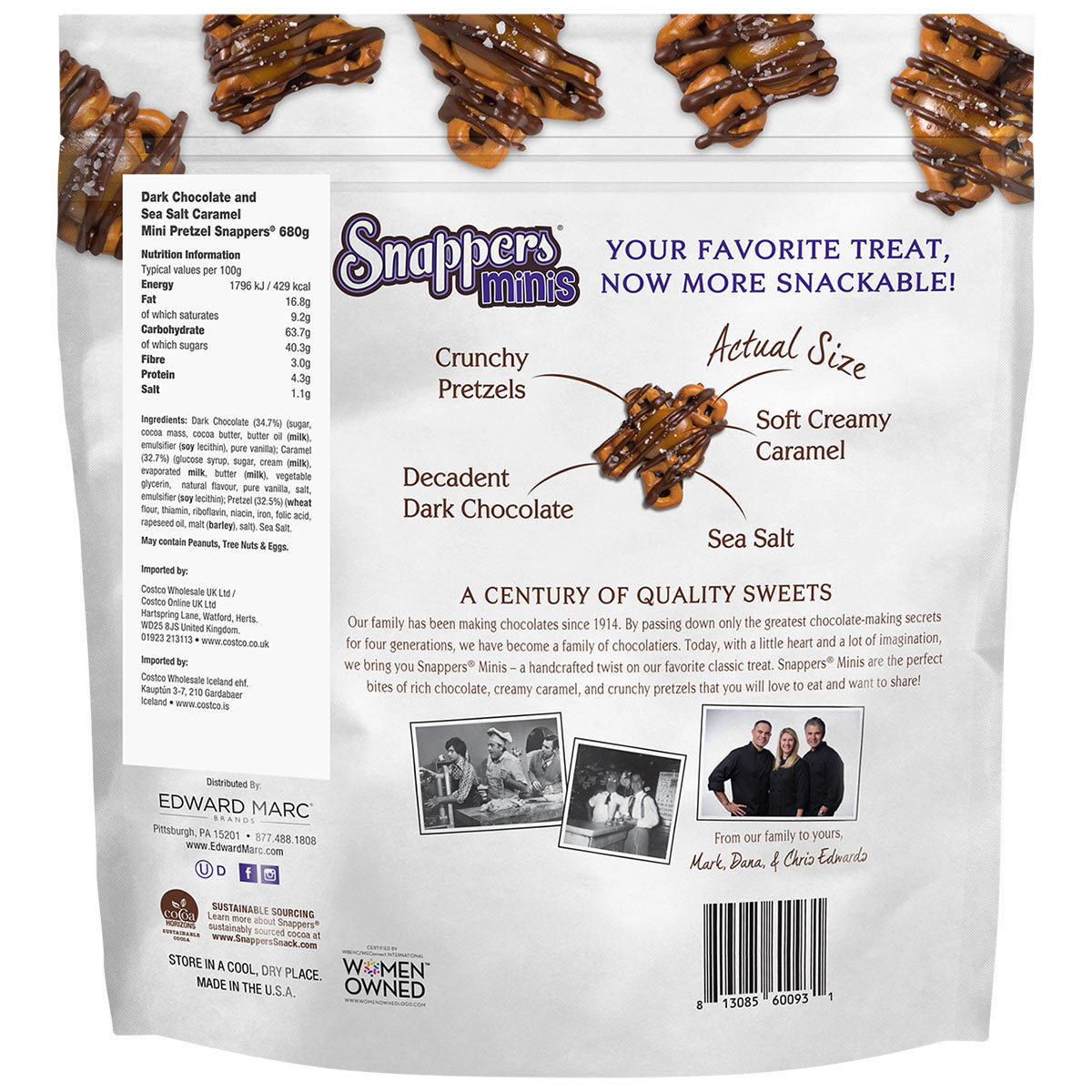 Snappers Minis Dark Chocolate Sea Salted Caramel Pretzel Treats, 680g