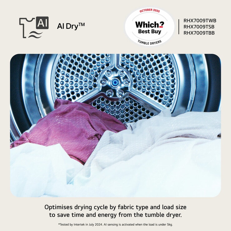 LG RHX7009TSB 9kg Heat Pump Tumble Dryer, A+++ Rated in Silver