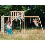 Lifestyle image of a child using the slide, a child using the fireman pole, and a child on the swing Lifestyle image of a child using the slide, a child using the fireman pole, and a child on the swing