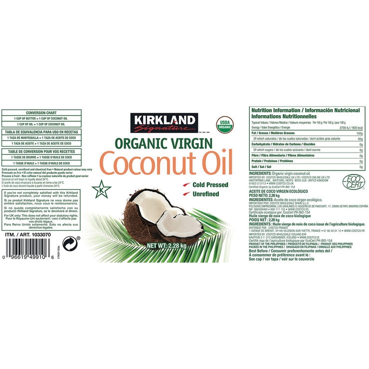 Kirkland Signature Organic Virgin Coconut Oil, 2.28kg Costco UK