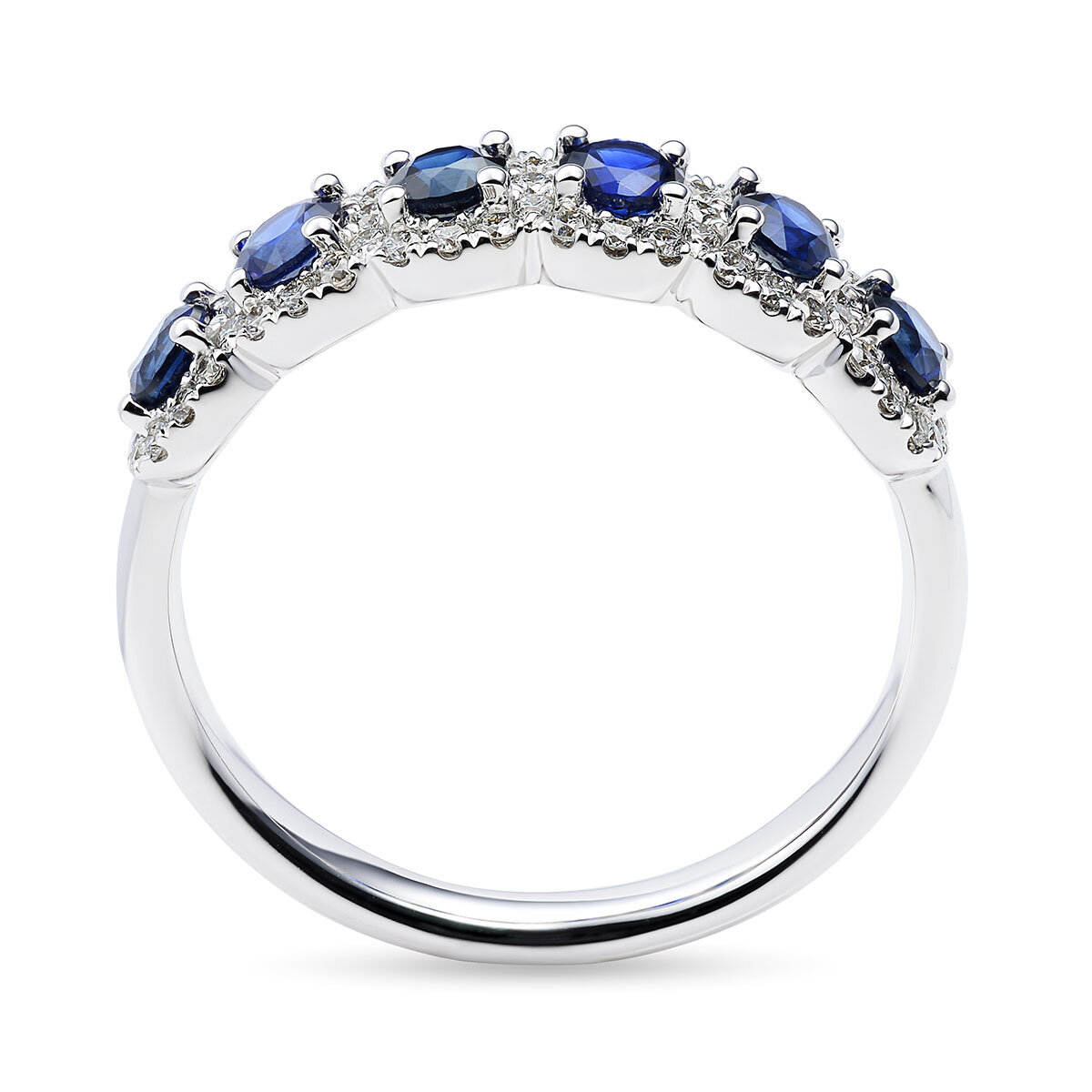Round Cut Blue Sapphire & 0.30ctw Diamond Ring, 14ct White Gold
