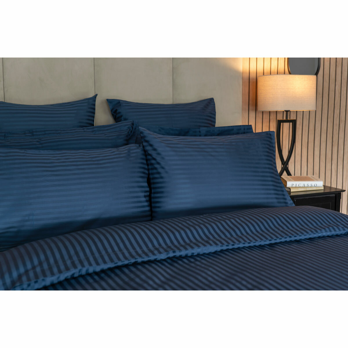 Belledorm 540 Thread Count Satin Stripe Navy Duvet Cover Set in 3 Sizes Belledorm 540 Thread Count Satin Stripe Navy Duvet Cover Set in 3 Sizes