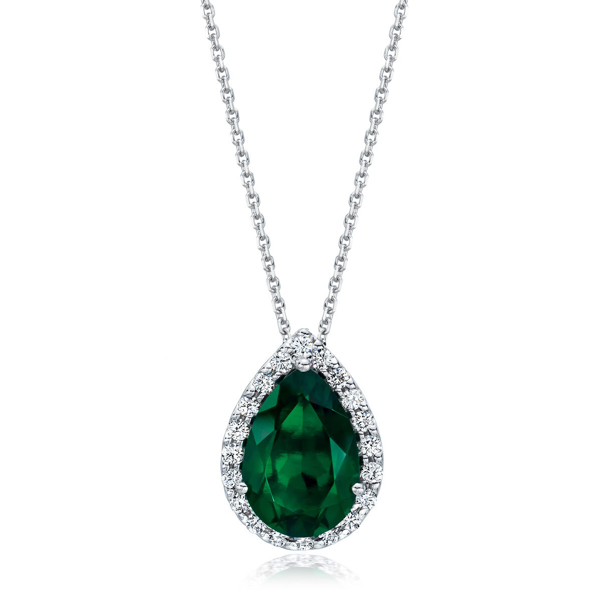 Pear Shaped Lab Emerald and 0.45ctw Diamond Pendant.