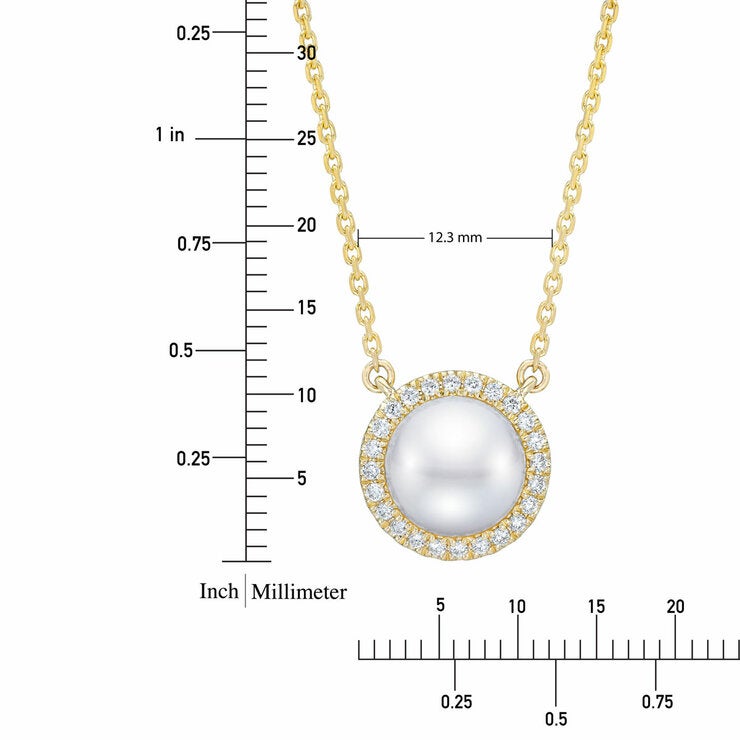 8-9mm Cultured Freshwater White Button Pearl & 0.16ctw Diamond Halo Pendant, 14ct Yellow Gold 8-9mm Cultured Freshwater White Button Pearl & 0.16ctw Diamond Halo Pendant, 14ct Yellow Gold