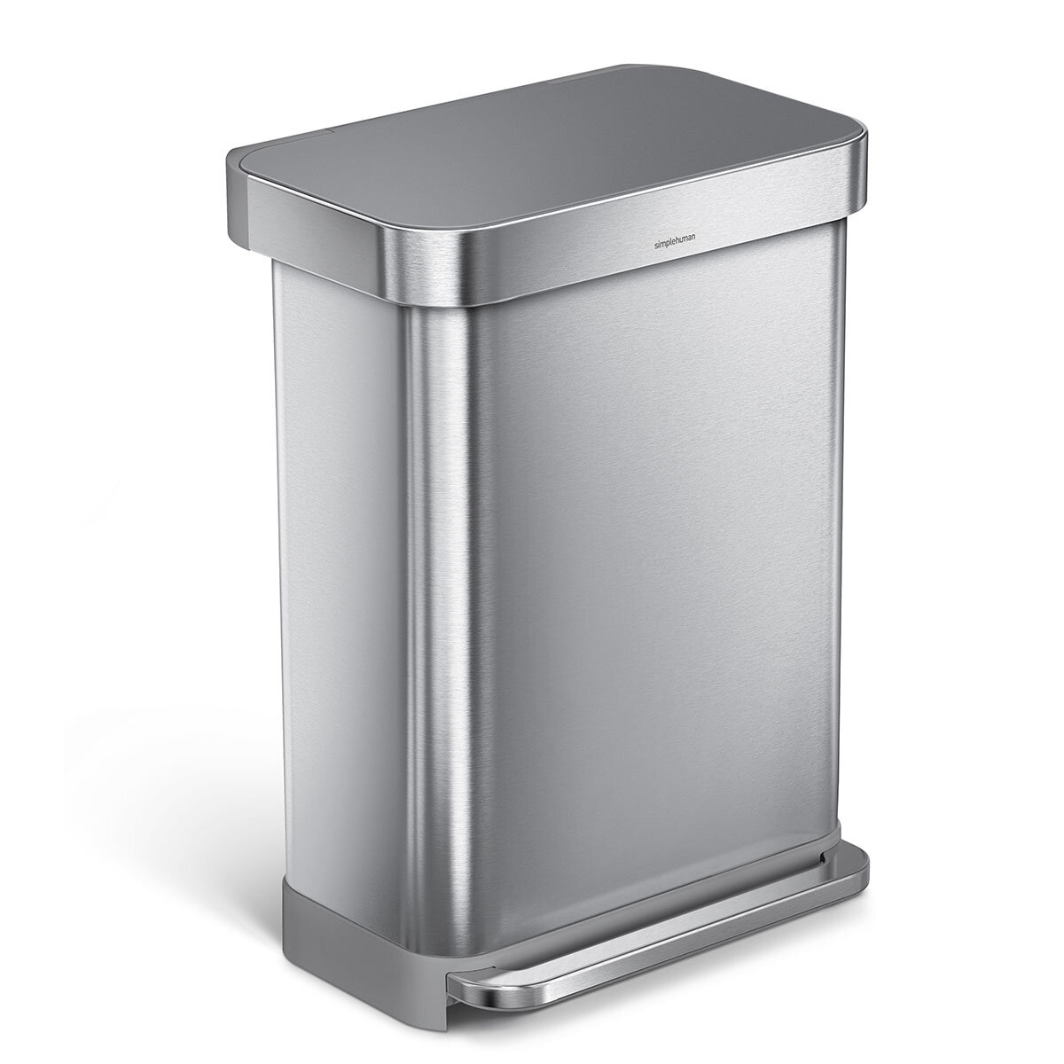Simplehuman 55L Rectangular Step Bin, Brushed Stainless Steel with Grey Plastic Lid