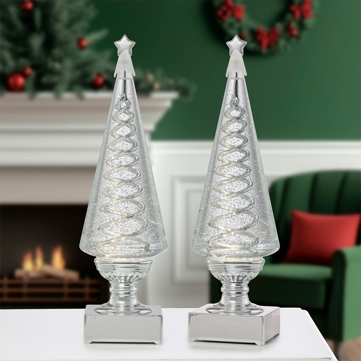 14 inch Lighted Spinning Spiral Glitter Trees in Silver - Set of 2
