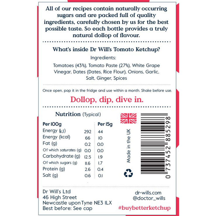 Dr Will's All Natural Tomato Ketchup, 3 x 250ml Dr Will's All Natural Tomato Ketchup, 3 x 250ml