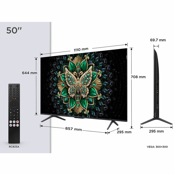 TV dimansions, diagonal view, and side view showing tv widt, remote model RC833a