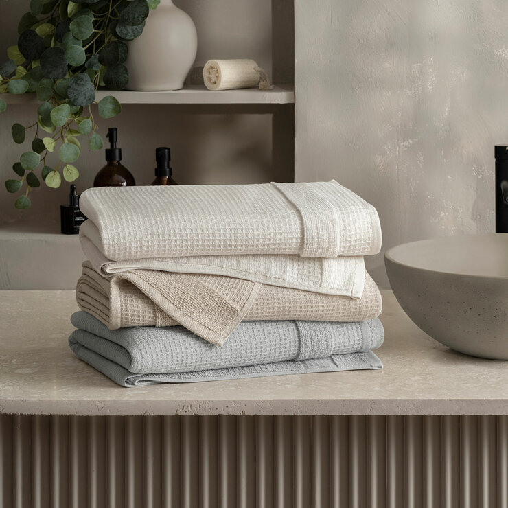 Stacked four spa waffle towns in Grey, White and Taupe Stacked four spa waffle towns in Grey, White and Taupe