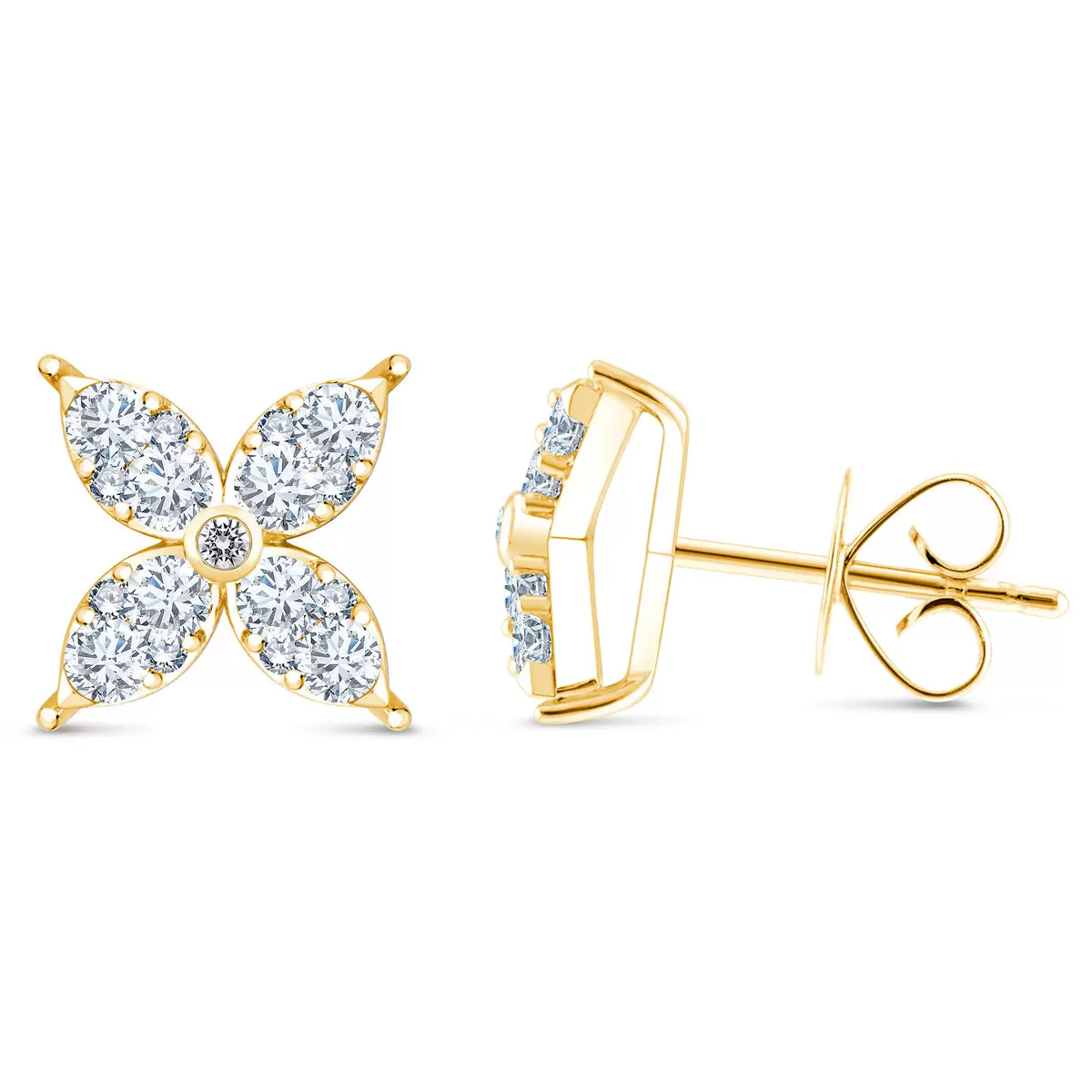 0.90ctw Flower Stud Diamond Earrings, 14k Yellow Gold