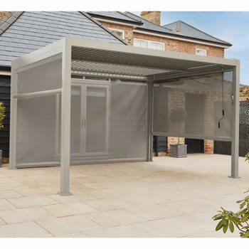 Alvivo 9ft 8" x 13ft 3" (3 x 4m) Beige Louvered Aluminium Pergola Bundle with 4 Pull-Down Screens