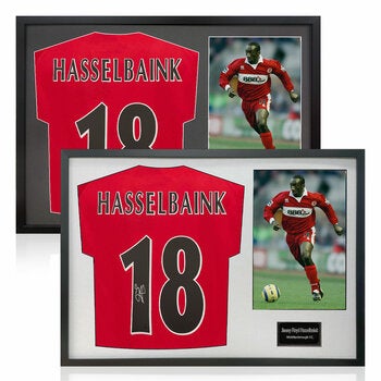 Jimmy Floyd Hasselbaink Signed Framed Middlesborough Football Shirt including 1 Photo in 2 Options: White or Black