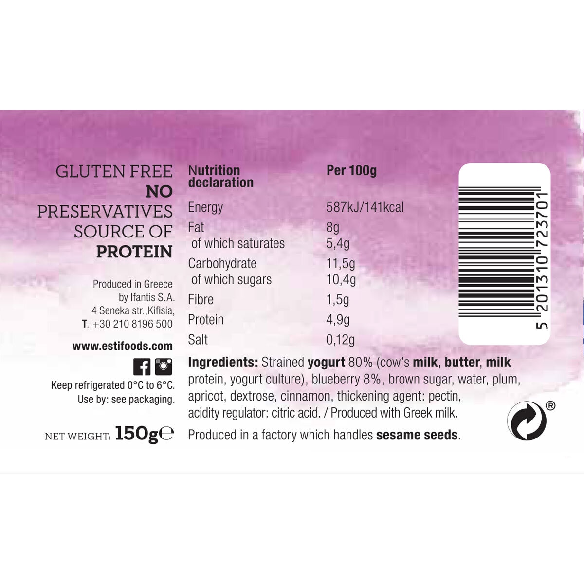 Esti Foods Blueberries Greek Yogurt, 1kg