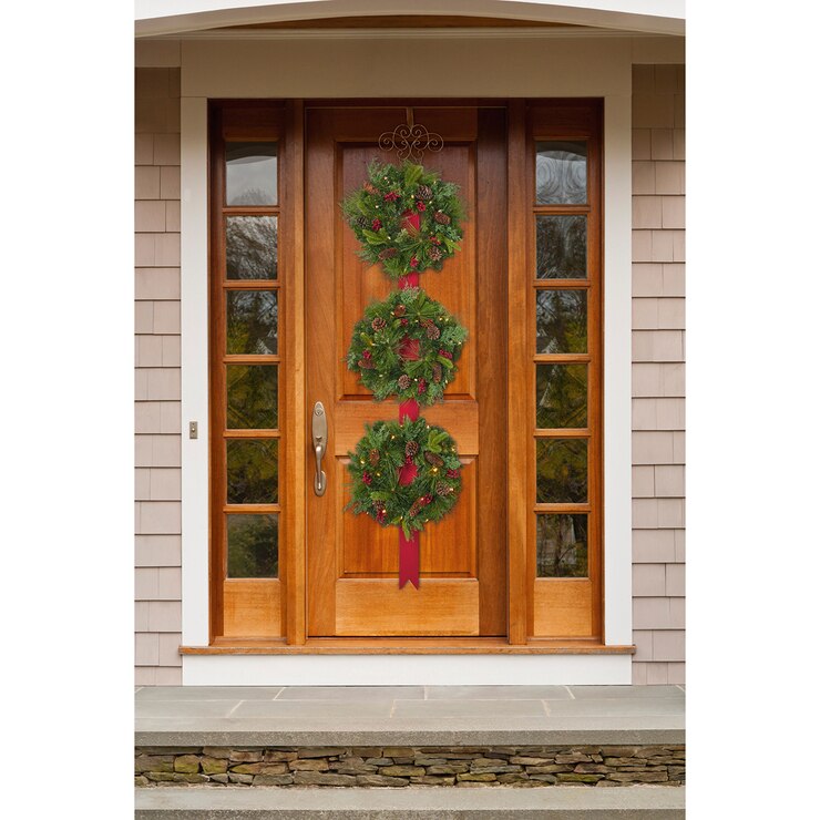 6ft 4 inch (1.9 m) Christmas Floral 3 Wreath Door Hanger With 60 LED