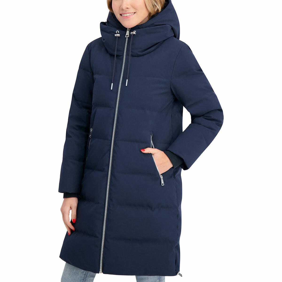 DKNY Ladies Long Down Coat with Hood in Navy