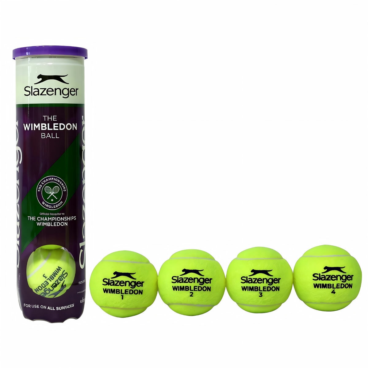 Studio image of a tube of tennis balls with 4 balls beside it
