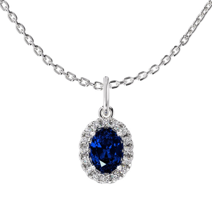 Oval Cut Sapphire & 0.16ctw Diamond Halo Pendant, 14ct White Gold Oval Cut Sapphire & 0.16ctw Diamond Halo Pendant, 14ct White Gold