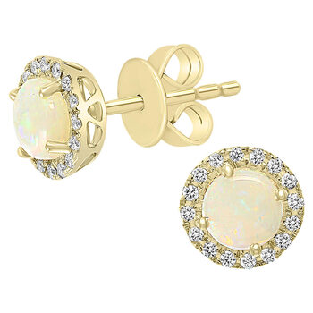 Round Cut Australian Opal & 0.12ctw Diamond Earrings, 14ct Yellow Gold