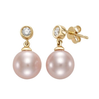 9-9.5mm Cultured Freshwater Pink Pearl & 0.20ctw Diamond Earrings, 14ct Yellow Gold