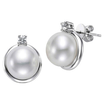 9-10mm Cultured Freshwater Pearl & 0.12ctw Diamond Earrings, 14ct White Gold