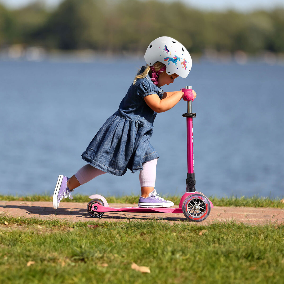 Micro Mini Foldable Pink Scooter with Unicorn Helmet and Pink Bell (2+ Years) 
