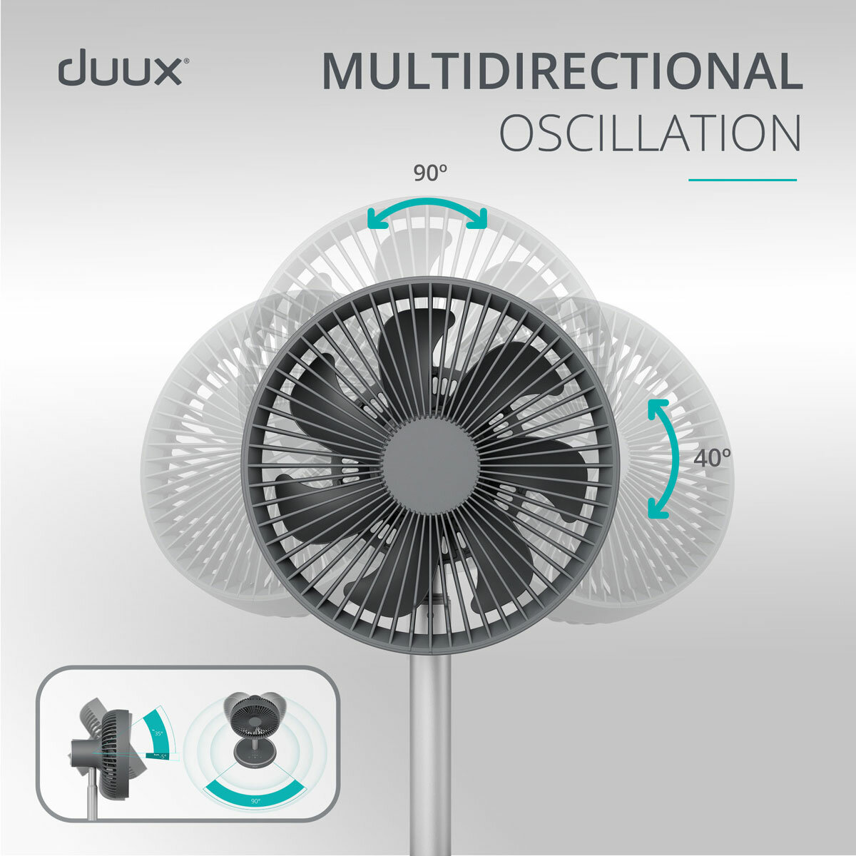Lifestyle image of Duux Rize Fan with multidirectional oscillation