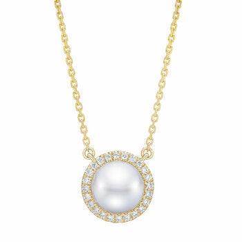8-9mm Cultured Freshwater White Button Pearl & 0.16ctw Diamond Halo Pendant, 14ct Yellow Gold