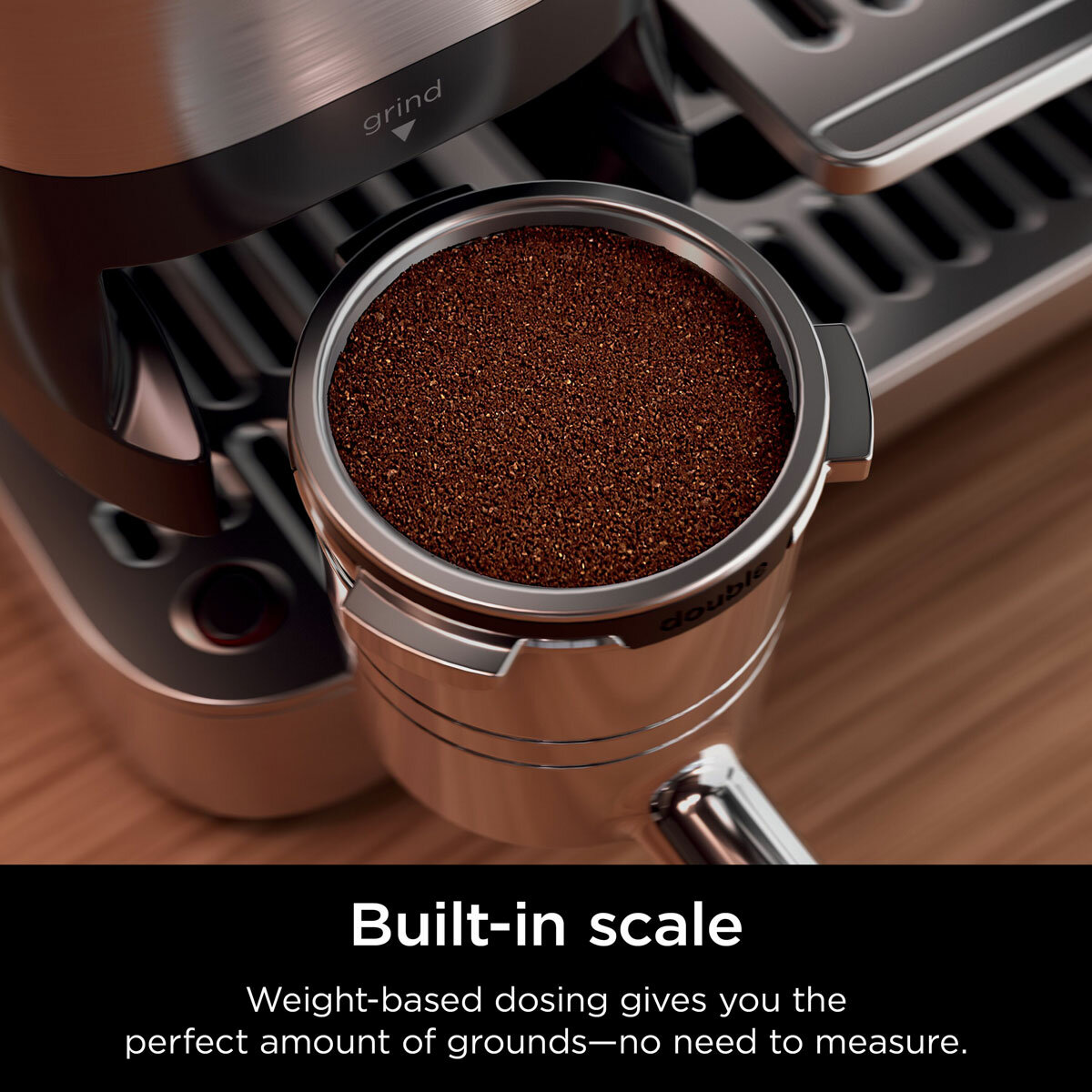 Lifestyle image of  Ninja Luxe Café Pro Espresso Machine showing built in scale
