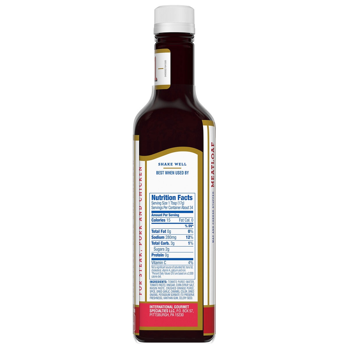 Side image of A1 sauce bottle with ingreadiant and nutritional infromation