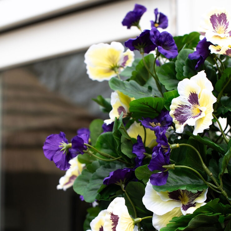 Artificial Purple & White Pansy Flower Hanging Basket