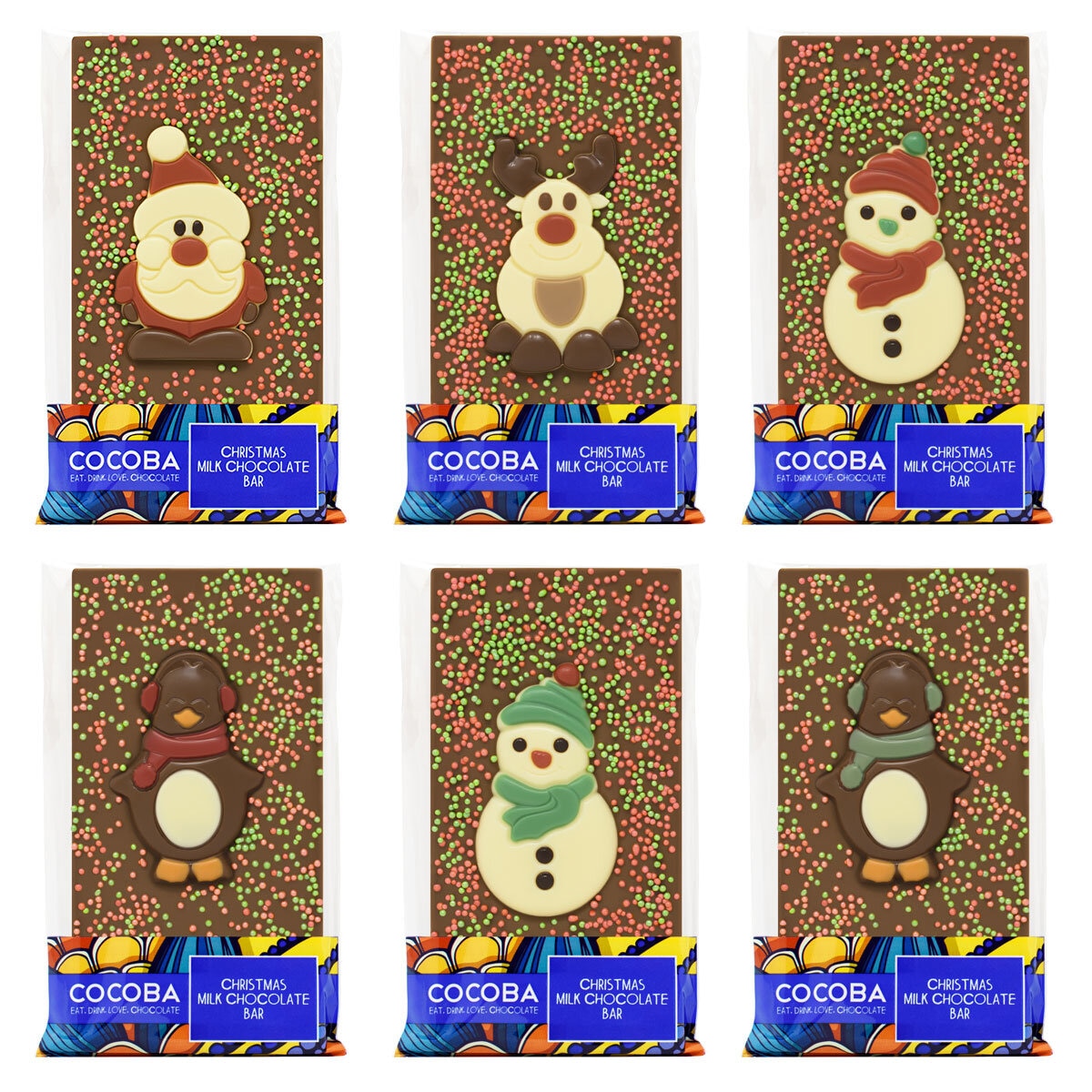 Cocoba Belgian Milk Chocolate Christmas Character Bars, 6 x 100g
