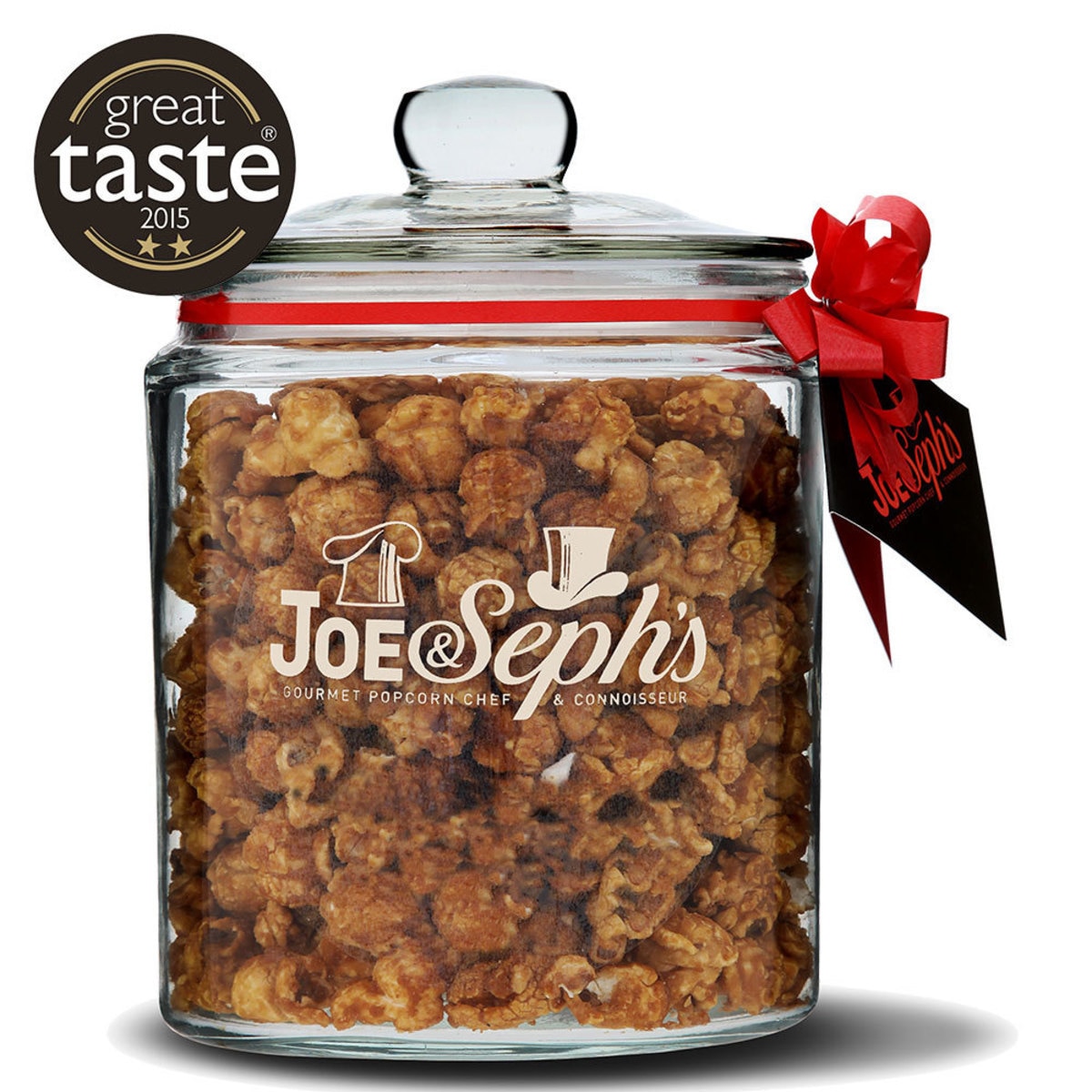 Resuable Glass Jar showing Popcorn with Red Bow and Joeseph brand label