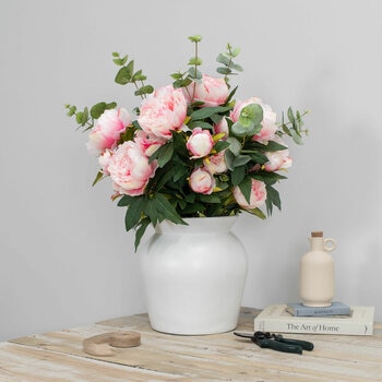 Artificial Peony & Eucalyptus Bouquet in Vase in Pink