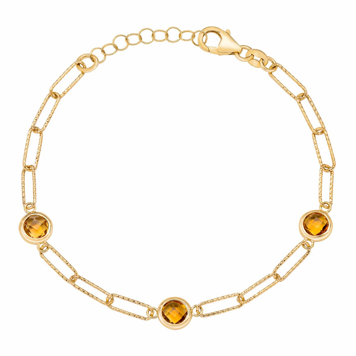 Round Cut Citrine Paperclip Bracelet 14ct Yellow Gold