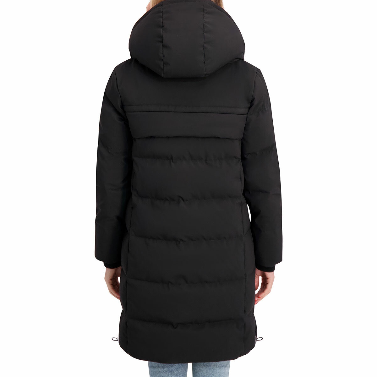 DKNY Ladies Long Down Coat with Hood in Black