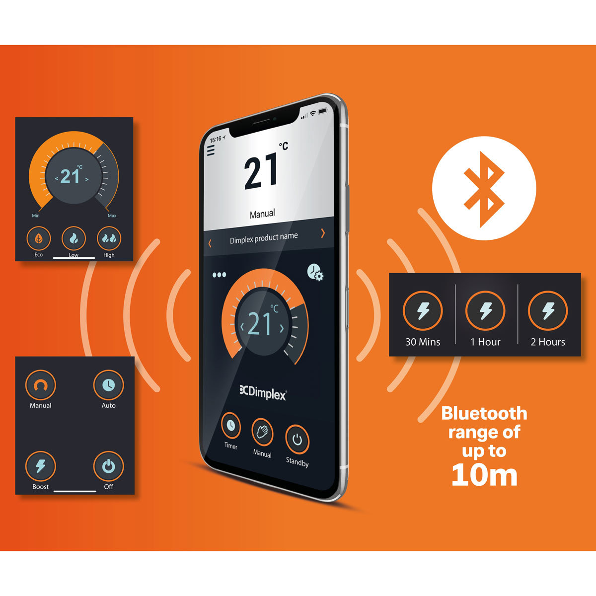 Radiator features shown on mobile phone app, highlighting Bluetooth range 10m
