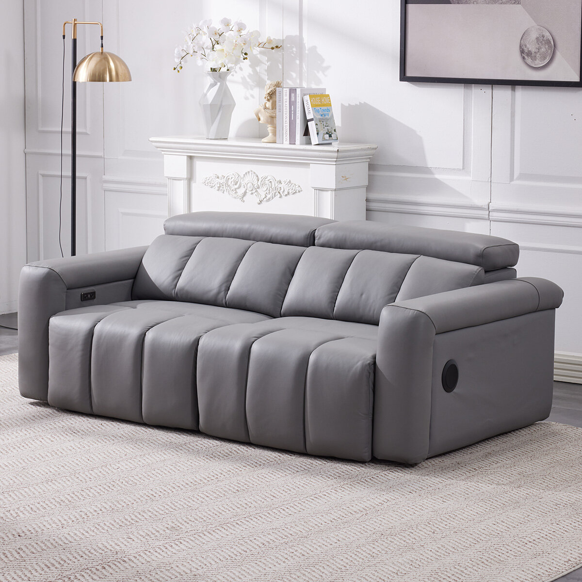 Dallas Grey Leather Power Sliding 3 Seater Sofa