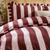 Burgundy and white vertically striped duvet set with ruffled edges and matching pillowcases Burgundy and white vertically striped duvet set with ruffled edges and matching pillowcases