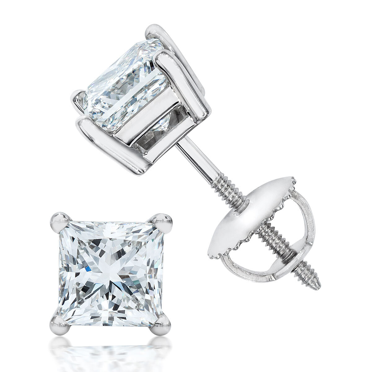 1.00ctw Princess Cut Diamond Stud Earrings, Platinum