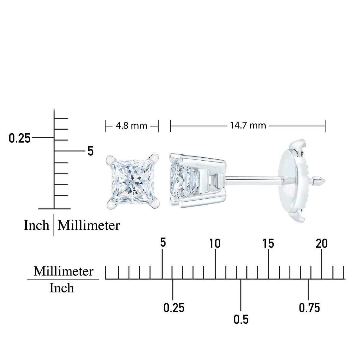 0.73ctw Princess Cut Diamond Stud Earrings, 14ct White Gold