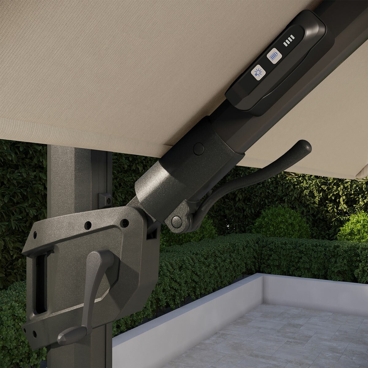 Seasons Sentry 10ft (3m) Square 2-Tier LED Solar Cantilever Umbrella with Rolling Base in Beige Seasons Sentry 10ft (3m) Square 2-Tier LED Solar Cantilever Umbrella with Rolling Base in Beige