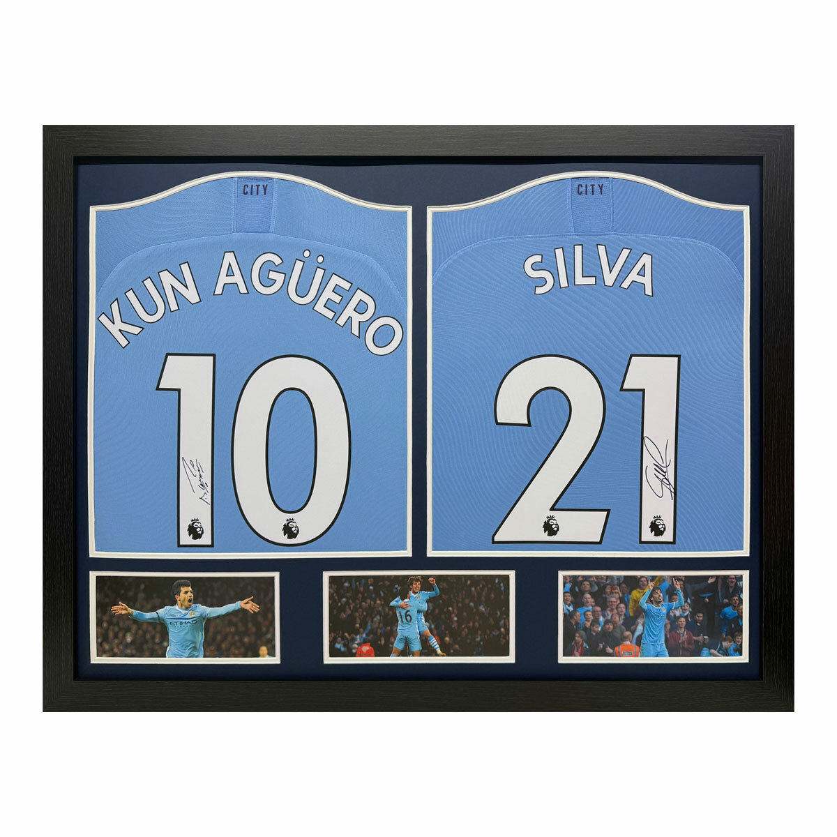 Sergio Aguero & David Silva Double Signed Framed Manchester City Football Shirts