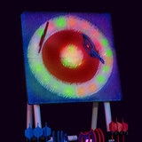 Studio image showing the lights glowing on the LED axe throw board Studio image showing the lights glowing on the LED axe throw board