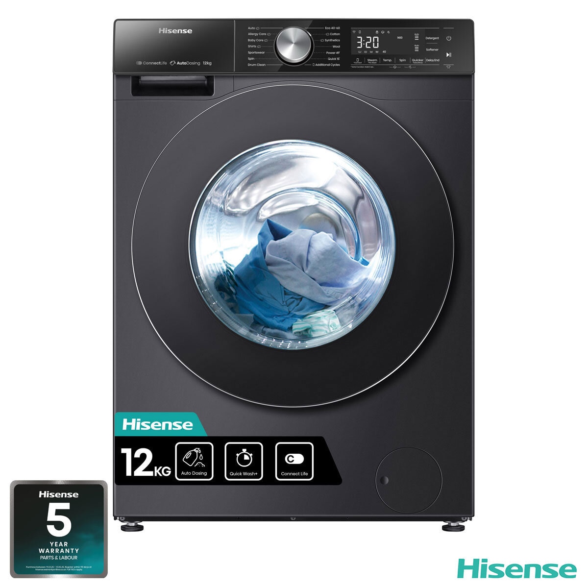 Hisense WF5S1245BB, 12kg, 1400rpm, Washing Machine A Rating in Black