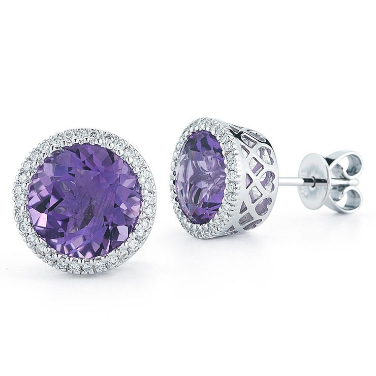 Round Cut Purple Amethyst and 0.18ctw Diamond Earrings, 18ct White Gold
